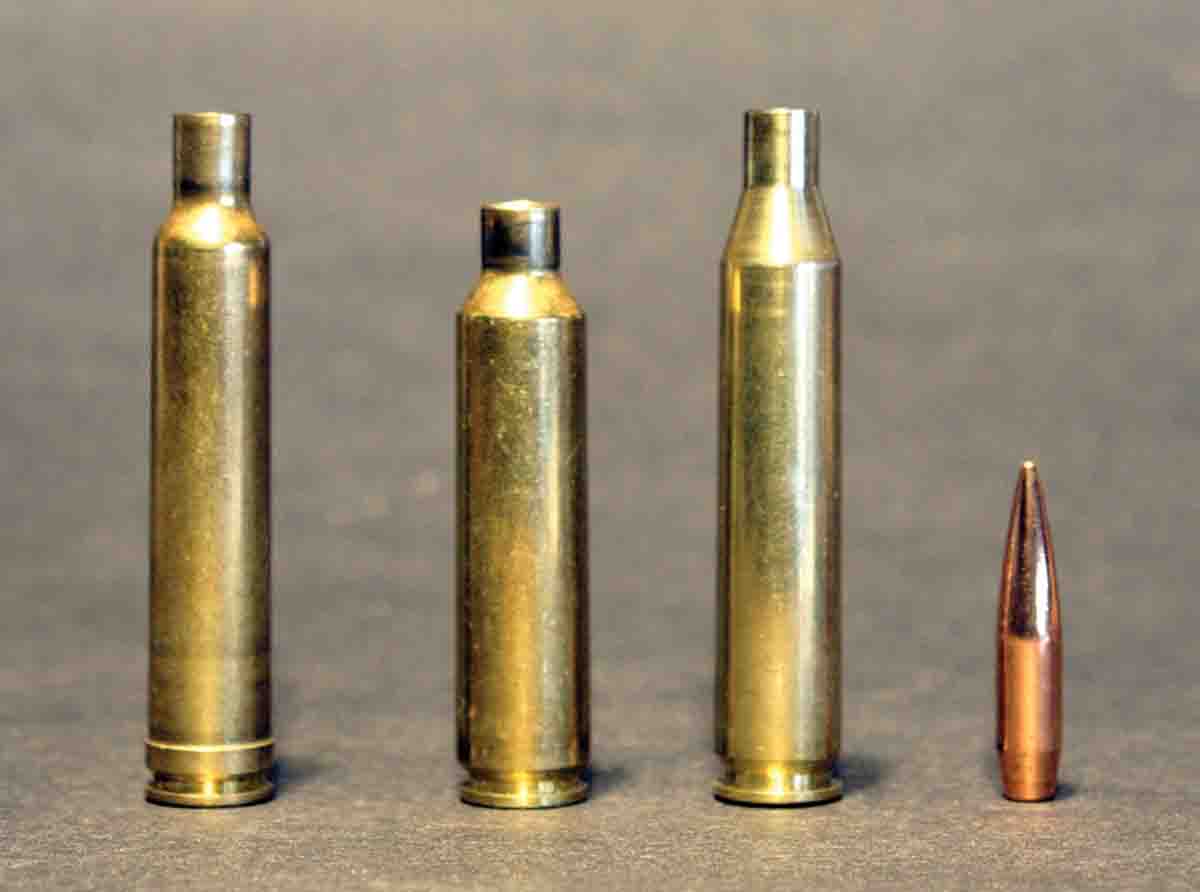 Neither the .240 Weatherby Magnum (left) or the 6mm-284 Winchester (center) has quite as much powder capacity as the 6mm-06 (right).